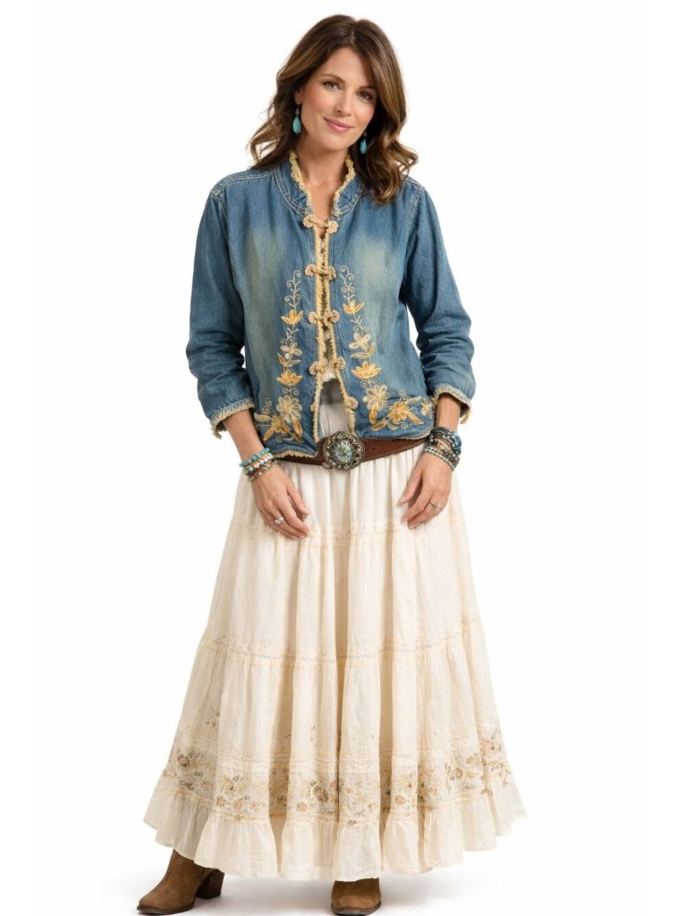 New Direction Embroidered Fringe Denim Jacket XL Boho Hippie Cowgirl Western